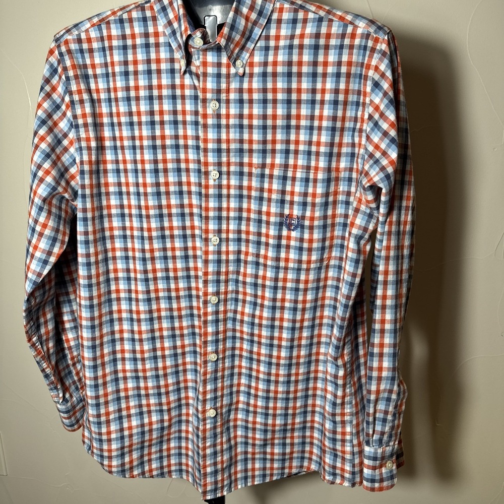 Chaps Mens Button Shirt Plaid Long Sleeve Pocket Logo Cotton Medium‎